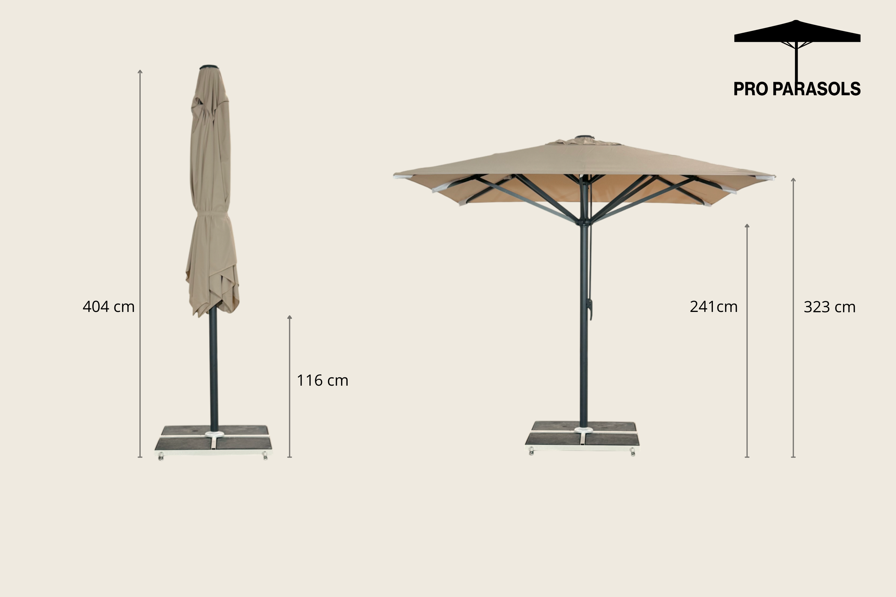 Jätteparasol 4x4m komplett u/fris - Grått stativ