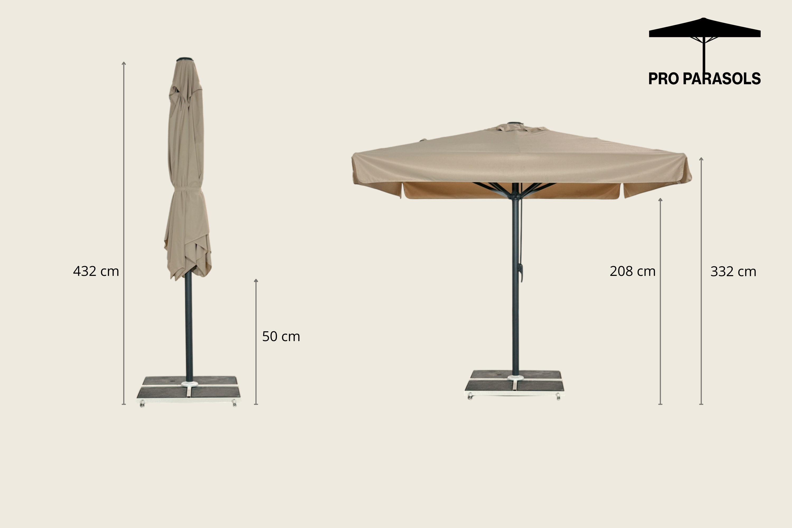 Jätteparasol 4x4m komplett m/fris - Grått stativ