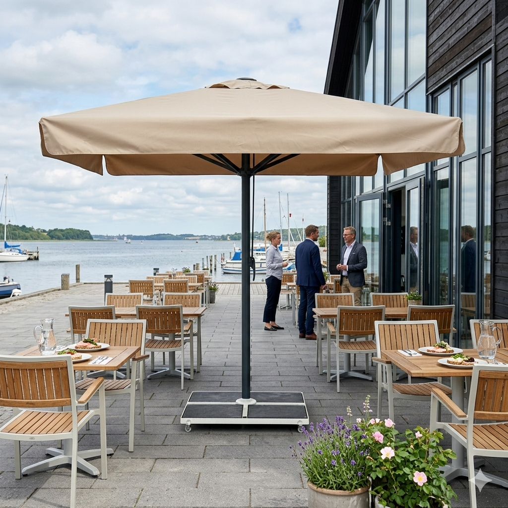 Jätteparasol 5x5m komplett m/fris - Grått stativ